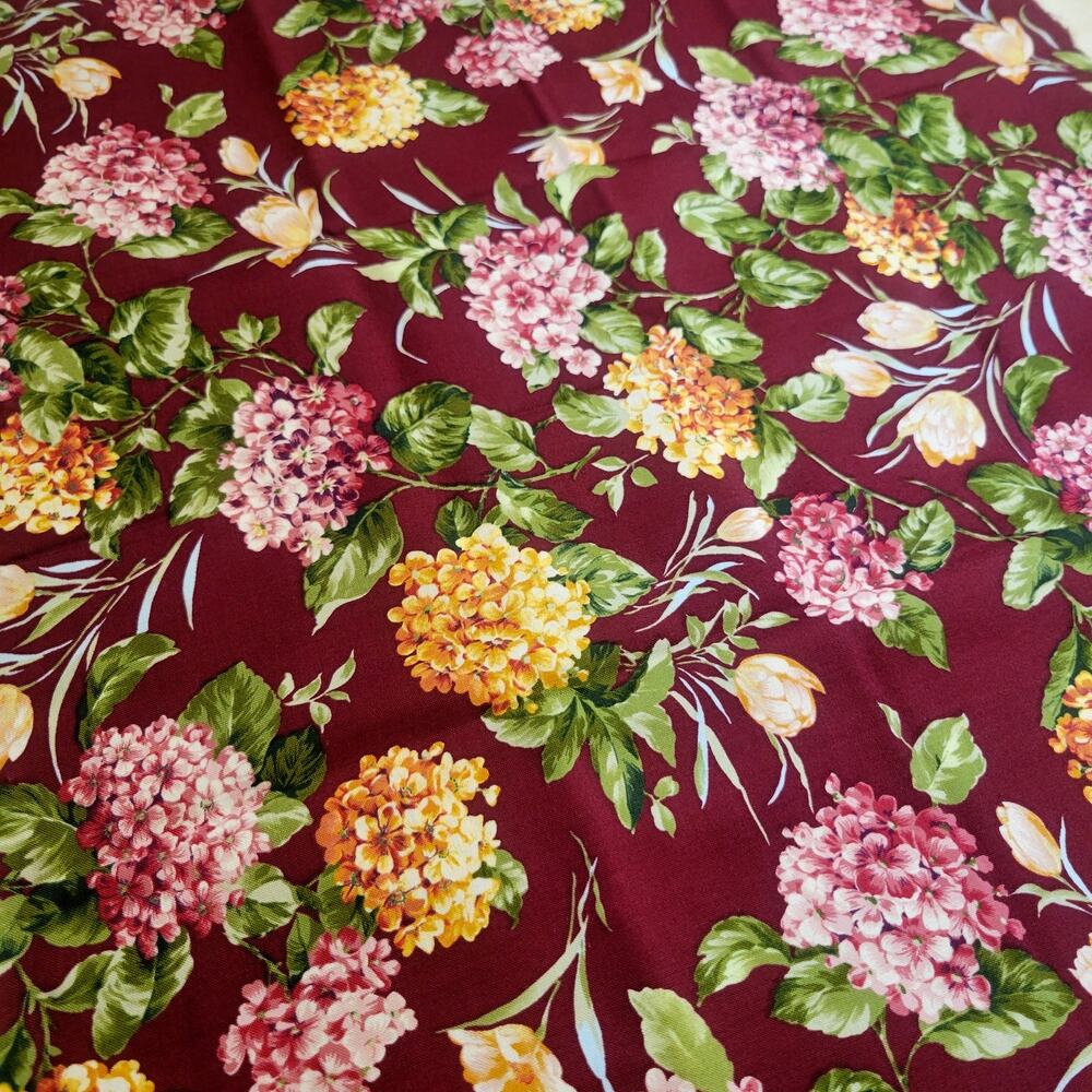 Cotton Fabric Burgundy Floral Hydrangea Tulip Print 19x44” Cranston Village